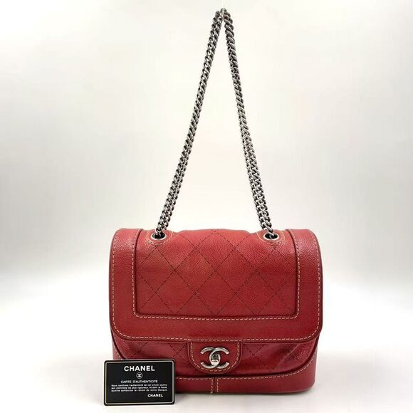Chanel Matelasse Double Chain Serial No 17 Caviar Skin Red Shoulder Bag Silver - Picture 15 of 15
